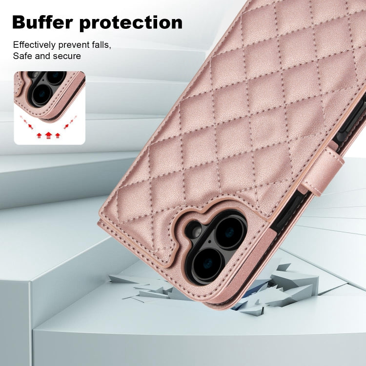 For iPhone 16 Plus Crossbody Multifunction Rhombic Leather Phone Case(Rose Gold) - iPhone 16 Plus Cases by buy2fix | Online Shopping UK | buy2fix
