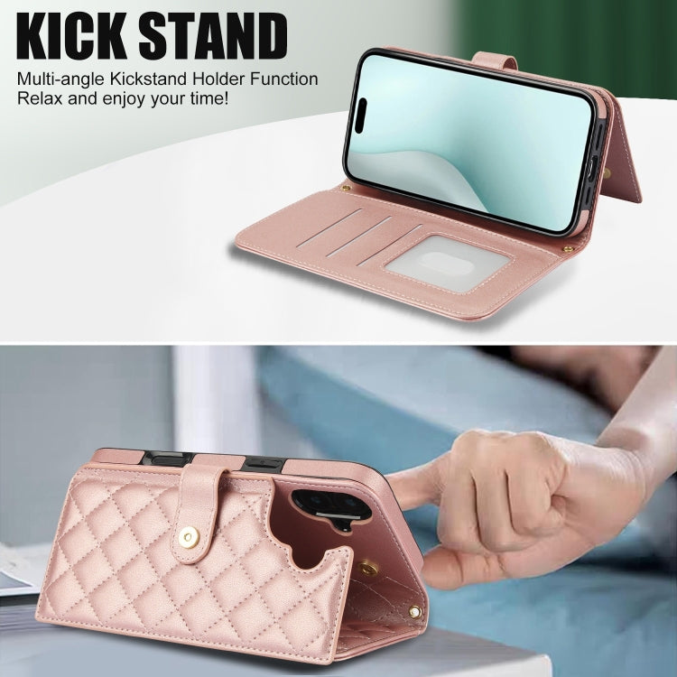 For iPhone 16 Plus Crossbody Multifunction Rhombic Leather Phone Case(Rose Gold) - iPhone 16 Plus Cases by buy2fix | Online Shopping UK | buy2fix