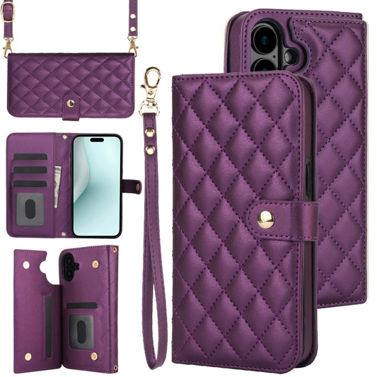 For iPhone 16 Plus Crossbody Multifunction Rhombic Leather Phone Case(Dark Purple) - iPhone 16 Plus Cases by buy2fix | Online Shopping UK | buy2fix