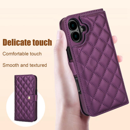 For iPhone 16 Plus Crossbody Multifunction Rhombic Leather Phone Case(Dark Purple) - iPhone 16 Plus Cases by buy2fix | Online Shopping UK | buy2fix