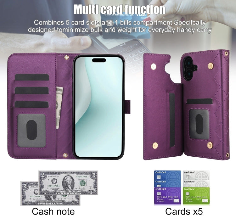 For iPhone 16 Plus Crossbody Multifunction Rhombic Leather Phone Case(Dark Purple) - iPhone 16 Plus Cases by buy2fix | Online Shopping UK | buy2fix