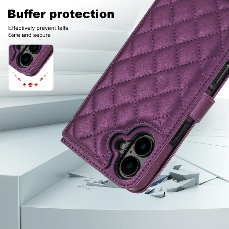 For iPhone 16 Plus Crossbody Multifunction Rhombic Leather Phone Case(Dark Purple) - iPhone 16 Plus Cases by buy2fix | Online Shopping UK | buy2fix
