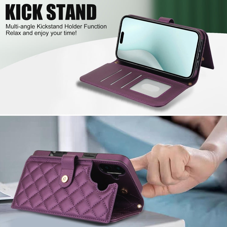 For iPhone 16 Plus Crossbody Multifunction Rhombic Leather Phone Case(Dark Purple) - iPhone 16 Plus Cases by buy2fix | Online Shopping UK | buy2fix