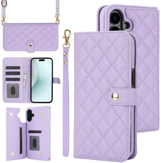 For iPhone 16 Plus Crossbody Multifunction Rhombic Leather Phone Case(Purple) - iPhone 16 Plus Cases by buy2fix | Online Shopping UK | buy2fix