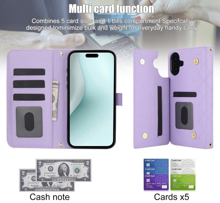 For iPhone 16 Plus Crossbody Multifunction Rhombic Leather Phone Case(Purple) - iPhone 16 Plus Cases by buy2fix | Online Shopping UK | buy2fix