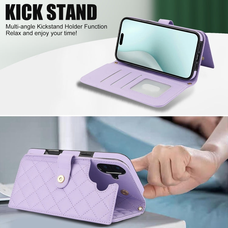 For iPhone 16 Plus Crossbody Multifunction Rhombic Leather Phone Case(Purple) - iPhone 16 Plus Cases by buy2fix | Online Shopping UK | buy2fix