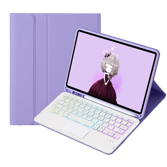 For iPad Pro 11 2024 A13B-AS Lambskin Texture Backlight Bluetooth Touch Keyboard Leather Tablet Case with Pen Slot(Lilac)
