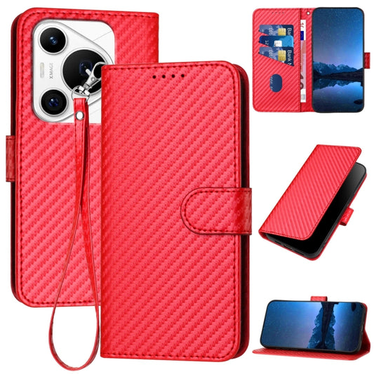 For Huawei Pura 70 Pro / Pura 70 Ultra YX0070 Carbon Fiber Buckle Leather Phone Case with Lanyard(Red) - Huawei Cases by buy2fix | Online Shopping UK | buy2fix