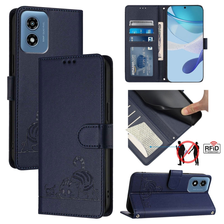 For Motorola Moto G Play 4G 2024 Global Cat Rat Embossed Pattern RFID Leather Phone Case with Lanyard(Blue) by buy2fix
