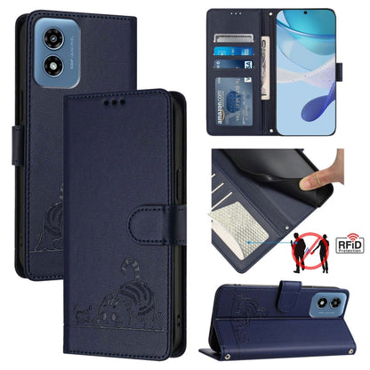 For Motorola Moto G Play 4G 2024 Global Cat Rat Embossed Pattern RFID Leather Phone Case with Lanyard(Blue) by buy2fix