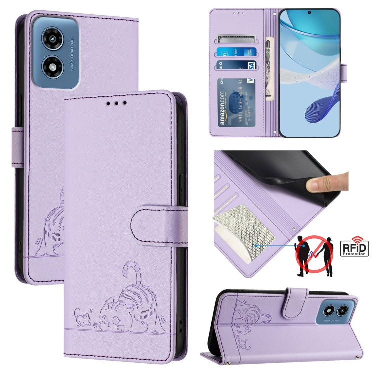 For Motorola Moto G Play 4G 2024 Global Cat Rat Embossed Pattern RFID Leather Phone Case with Lanyard(Purple) by buy2fix