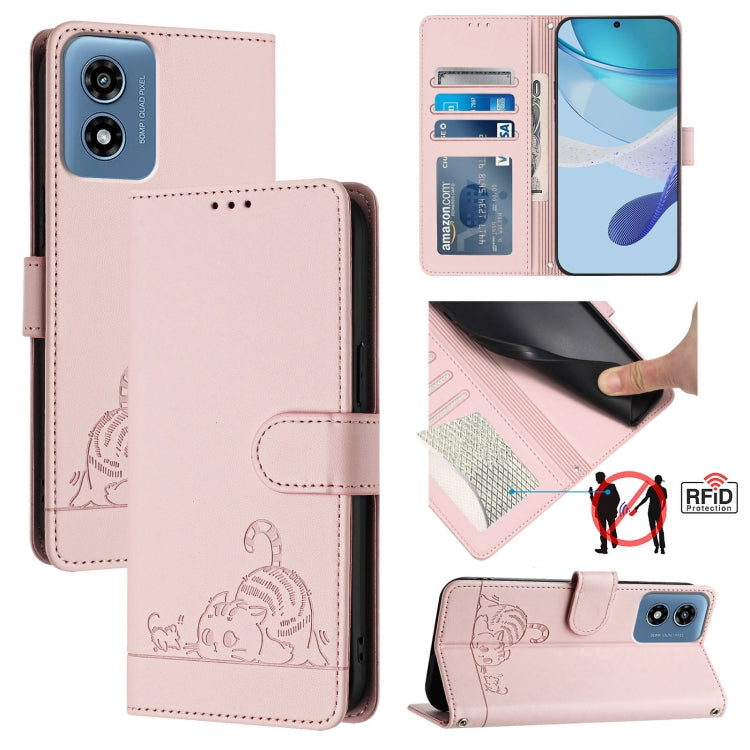 For Motorola Moto G Play 5G 2024 Global Cat Rat Embossed Pattern RFID Leather Phone Case with Lanyard(Pink) by buy2fix