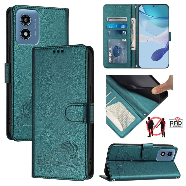 For Motorola Moto G Play 5G 2024 Global Cat Rat Embossed Pattern RFID Leather Phone Case with Lanyard(Peacock Green) by buy2fix