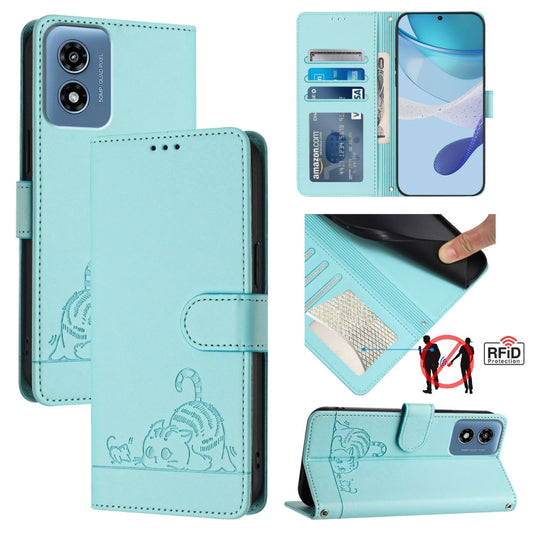 For Motorola Moto G 5G 2024 Global Cat Rat Embossed Pattern RFID Leather Phone Case with Lanyard(Mint Green) by buy2fix