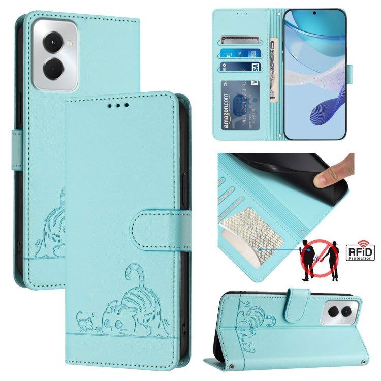 For Motorola Moto G Power 5G 2024 Cat Rat Embossed Pattern RFID Leather Phone Case with Lanyard(Mint Green) by buy2fix