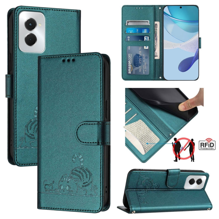 For Motorola Moto G Power 5G 2024 Cat Rat Embossed Pattern RFID Leather Phone Case with Lanyard(Peacock Green) by buy2fix