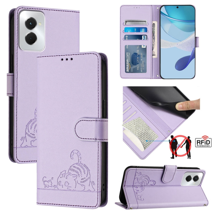 For Motorola Moto G Power 5G 2024 Cat Rat Embossed Pattern RFID Leather Phone Case with Lanyard(Purple) by buy2fix