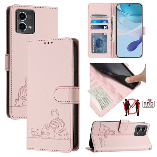 For Motorola Moto G Stylus 5G 2024 Cat Rat Embossed Pattern RFID Leather Phone Case with Lanyard(Pink) by buy2fix