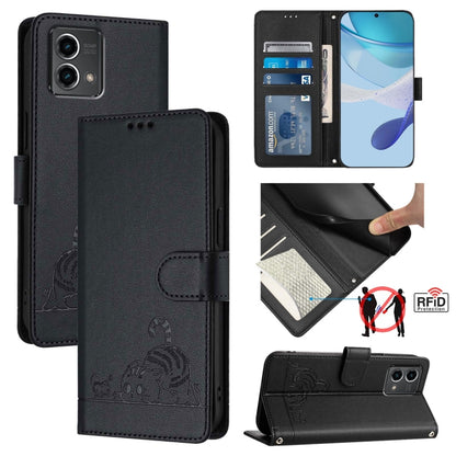 For Motorola Moto G Stylus 5G 2024 Cat Rat Embossed Pattern RFID Leather Phone Case with Lanyard(Black) by buy2fix