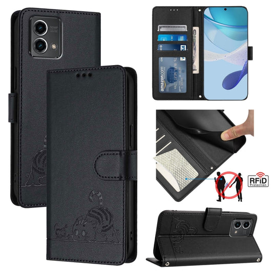 For Motorola Moto G Stylus 5G 2024 Cat Rat Embossed Pattern RFID Leather Phone Case with Lanyard(Black) by buy2fix