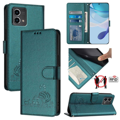 For Motorola Moto G Stylus 5G 2024 Cat Rat Embossed Pattern RFID Leather Phone Case with Lanyard(Peacock Green) by buy2fix