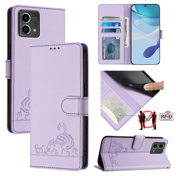 For Motorola Moto G Stylus 5G 2024 Cat Rat Embossed Pattern RFID Leather Phone Case with Lanyard(Purple) by buy2fix