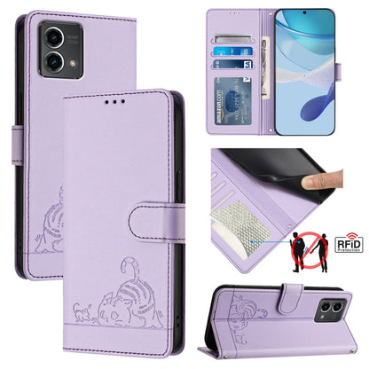 For Motorola Moto G Stylus 5G 2024 Cat Rat Embossed Pattern RFID Leather Phone Case with Lanyard(Purple) by buy2fix