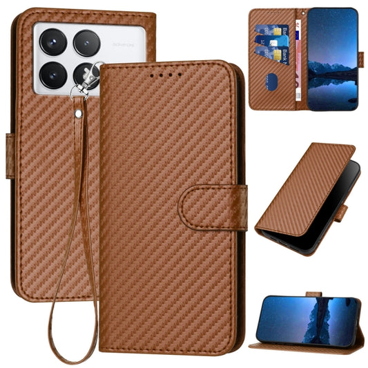 For Xiaomi Redmi K70 / K70 Pro YX0070 Carbon Fiber Buckle Leather Phone Case with Lanyard(Coffee) - Xiaomi Cases by buy2fix | Online Shopping UK | buy2fix