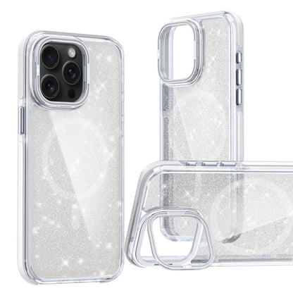 For iPhone 15 Pro Max Two-color Glitter Powder Lens Holder Magsafe Phone Case(White) - iPhone 15 Pro Max Cases by buy2fix | Online Shopping UK | buy2fix