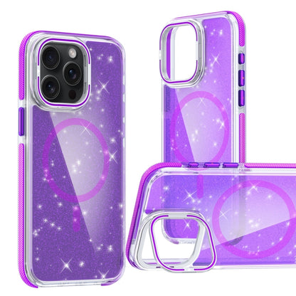 For iPhone 15 Pro Two-color Glitter Powder Lens Holder Magsafe Phone Case(Purple) - iPhone 15 Pro Cases by buy2fix | Online Shopping UK | buy2fix