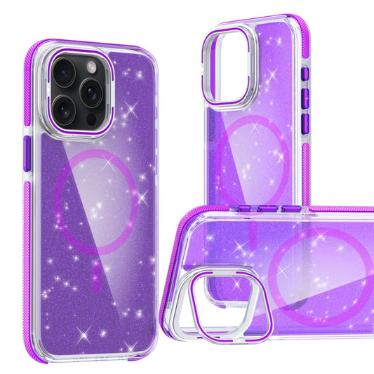 For iPhone 15 Pro Two-color Glitter Powder Lens Holder Magsafe Phone Case(Purple) - iPhone 15 Pro Cases by buy2fix | Online Shopping UK | buy2fix