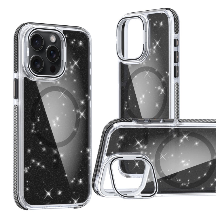 For iPhone 15 Pro Two-color Glitter Powder Lens Holder Magsafe Phone Case(Black) - iPhone 15 Pro Cases by buy2fix | Online Shopping UK | buy2fix