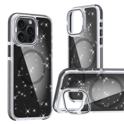 For iPhone 15 Pro Two-color Glitter Powder Lens Holder Magsafe Phone Case(Black) - iPhone 15 Pro Cases by buy2fix | Online Shopping UK | buy2fix