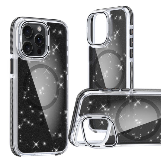 For iPhone 15 Pro Two-color Glitter Powder Lens Holder Magsafe Phone Case(Black) - iPhone 15 Pro Cases by buy2fix | Online Shopping UK | buy2fix