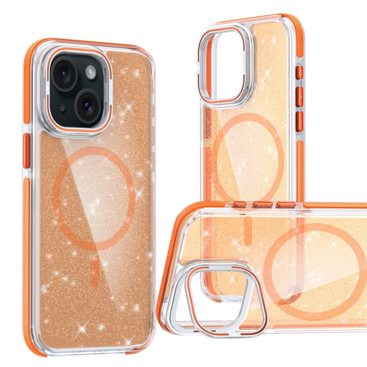 For iPhone 15 Two-color Glitter Powder Lens Holder Magsafe Phone Case(Orange) - iPhone 15 Cases by buy2fix | Online Shopping UK | buy2fix