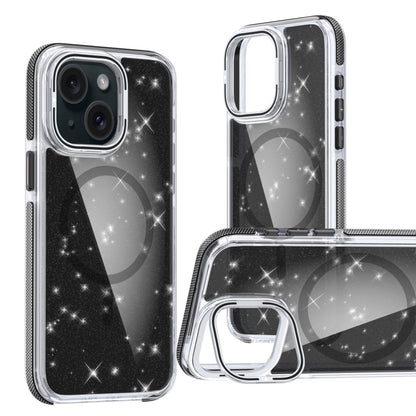 For iPhone 15 Two-color Glitter Powder Lens Holder Magsafe Phone Case(Black) - iPhone 15 Cases by buy2fix | Online Shopping UK | buy2fix