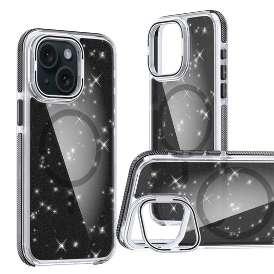 For iPhone 15 Two-color Glitter Powder Lens Holder Magsafe Phone Case(Black) - iPhone 15 Cases by buy2fix | Online Shopping UK | buy2fix