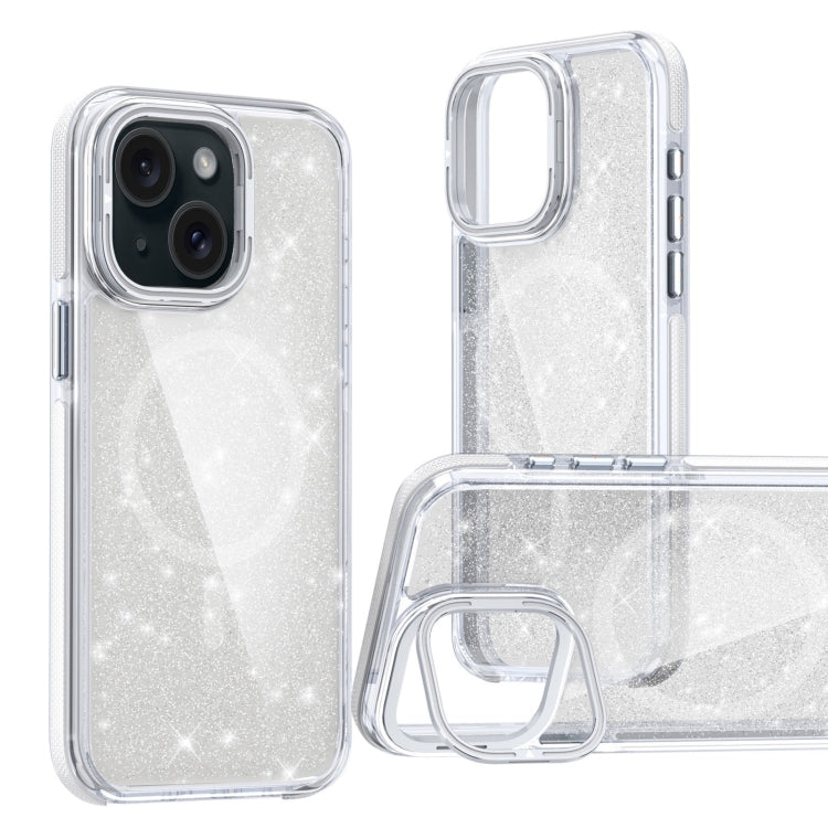 For iPhone 15 Two-color Glitter Powder Lens Holder Magsafe Phone Case(White) - iPhone 15 Cases by buy2fix | Online Shopping UK | buy2fix