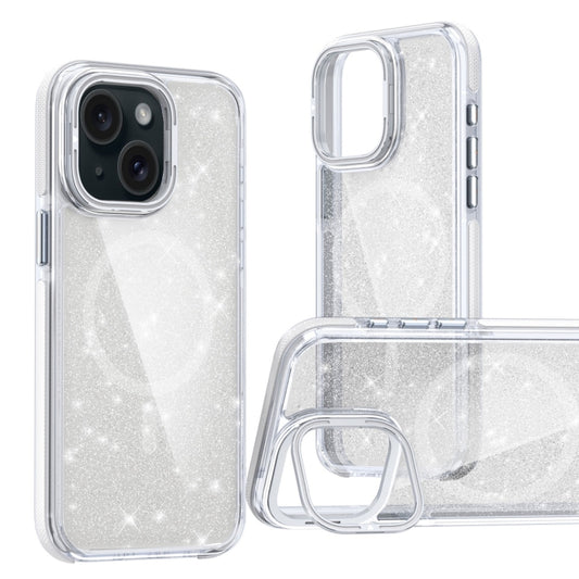For iPhone 15 Two-color Glitter Powder Lens Holder Magsafe Phone Case(White) - iPhone 15 Cases by buy2fix | Online Shopping UK | buy2fix