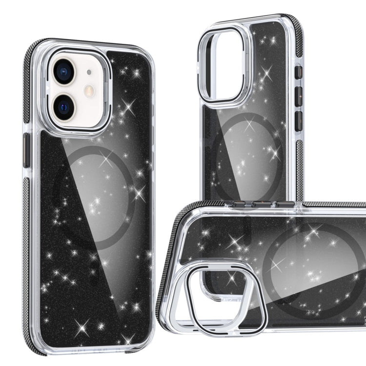 For iPhone 12 Two-color Glitter Powder Lens Holder Magsafe Phone Case(Black) - iPhone 12 / 12 Pro Cases by buy2fix | Online Shopping UK | buy2fix