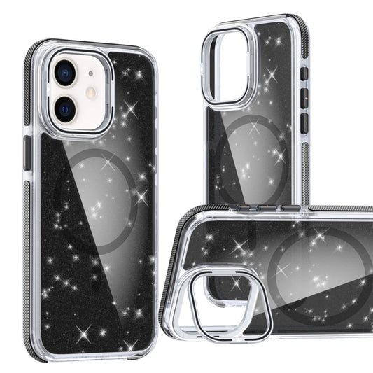 For iPhone 12 Two-color Glitter Powder Lens Holder Magsafe Phone Case(Black) - iPhone 12 / 12 Pro Cases by buy2fix | Online Shopping UK | buy2fix