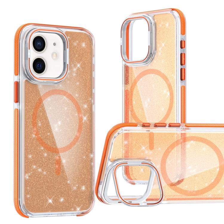 For iPhone 11 Two-color Glitter Powder Lens Holder Magsafe Phone Case(Orange) by buy2fix