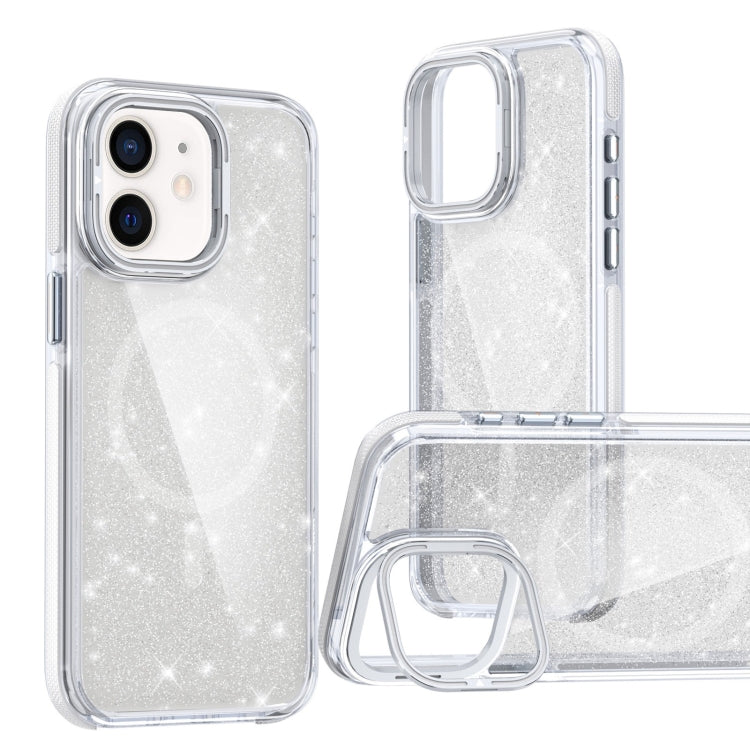 For iPhone 11 Two-color Glitter Powder Lens Holder Magsafe Phone Case(White) - iPhone 11 Cases by buy2fix | Online Shopping UK | buy2fix