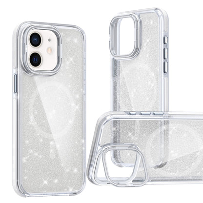 For iPhone 11 Two-color Glitter Powder Lens Holder Magsafe Phone Case(White) - iPhone 11 Cases by buy2fix | Online Shopping UK | buy2fix