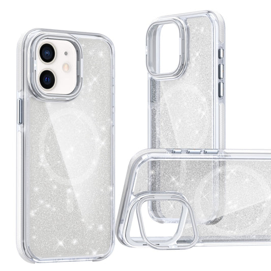 For iPhone 11 Two-color Glitter Powder Lens Holder Magsafe Phone Case(White) - iPhone 11 Cases by buy2fix | Online Shopping UK | buy2fix