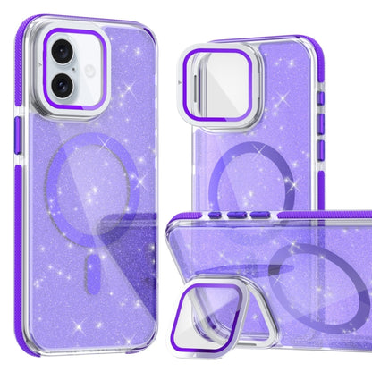 For iPhone 16 Two-color Glitter Powder Lens Holder Magsafe Phone Case(Purple) - iPhone 16 Cases by buy2fix | Online Shopping UK | buy2fix