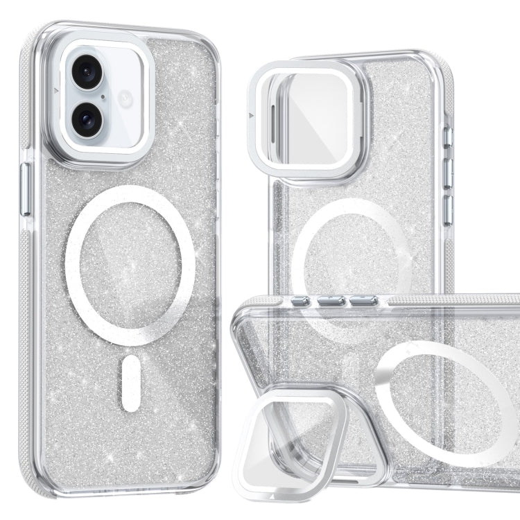 For iPhone 16 Two-color Glitter Powder Lens Holder Magsafe Phone Case(White) - iPhone 16 Cases by buy2fix | Online Shopping UK | buy2fix