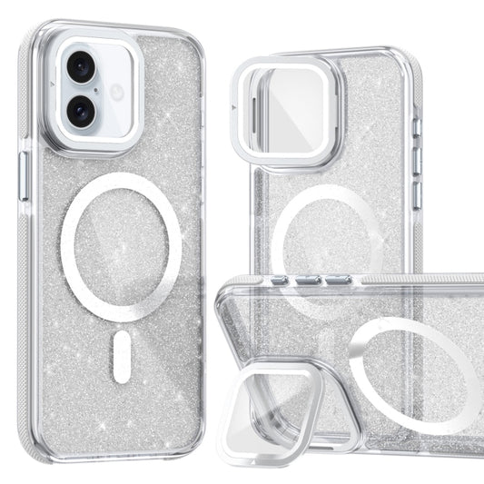 For iPhone 16 Two-color Glitter Powder Lens Holder Magsafe Phone Case(White) - iPhone 16 Cases by buy2fix | Online Shopping UK | buy2fix