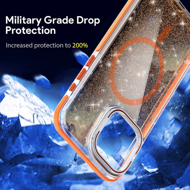For iPhone 16 Two-color Glitter Powder Lens Holder Magsafe Phone Case(Orange) - iPhone 16 Cases by buy2fix | Online Shopping UK | buy2fix