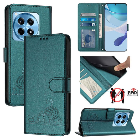 For OnePlus 12R 5G Global Cat Rat Embossed Pattern RFID Leather Phone Case with Lanyard(Peacock Green) - OnePlus Cases by buy2fix | Online Shopping UK | buy2fix